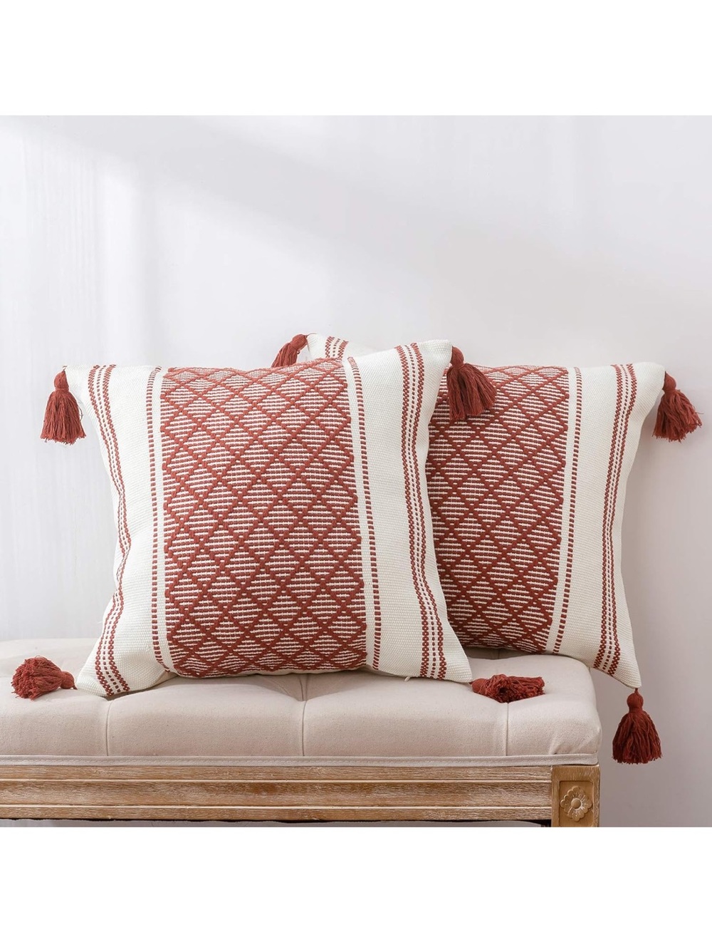 Boho Diamond Jacquard Tassel Throw Pillow Covers - Rust Cream (Set of 2) C10